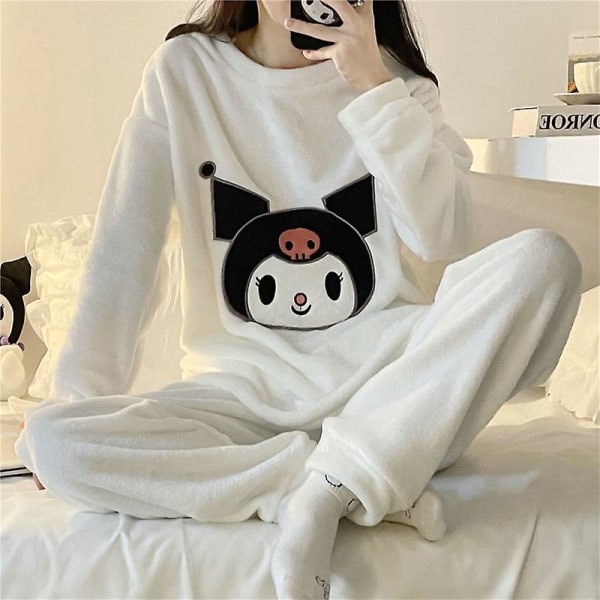 Uusi lämmin flanellipyamat Kawaii Sanrioed Syksy Talvi Kuromi Tyttöjen set Sarjakuva Cinnamoroll Kotivaatteet Naisten Vaatteet white kuromi 2XL(65-72.5kg)