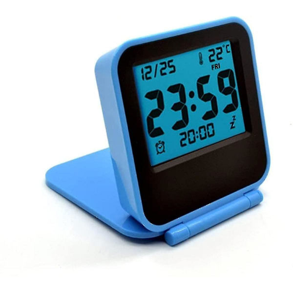 Mini Digital Reseklocka med LCD-Nattlampa, Batteridriven Reseklocka, Bärbar Vikbar Mini Ficktemperaturklocka Blå