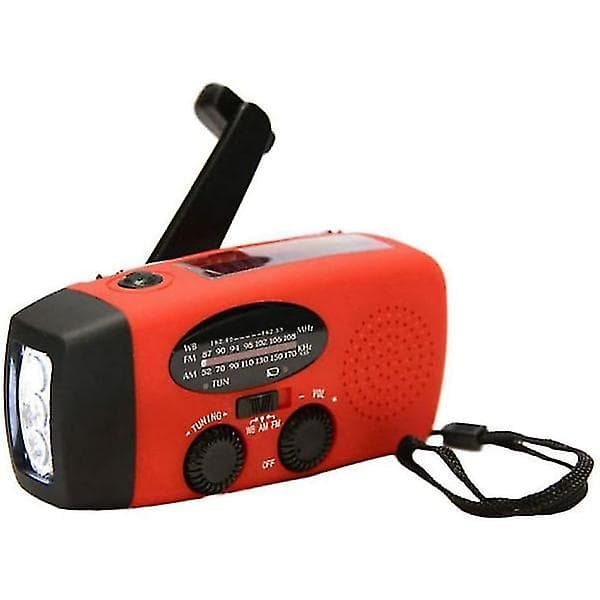 Hätäradio/kampiradio aurinkokennoilla, taskulampulla ja virtapankilla