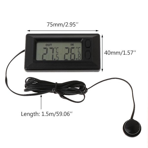 Digital LCD-termometer for bil med 1,5 m kabel for biler, lastebiler