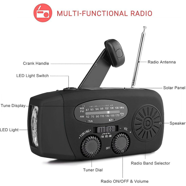 Bärbar solradio, 2000 mah handvev självdriven Am/fm/noaa radio, Dynamo väderradio nödenhet med ficklampa och telefonladdare