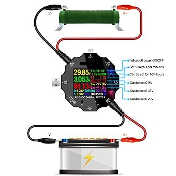 USB-C-testare, 3-i-1 Typ C DC5.5 USB-testare Färgskärm IPS Digital Multimeter, Kapacitetsdetektor