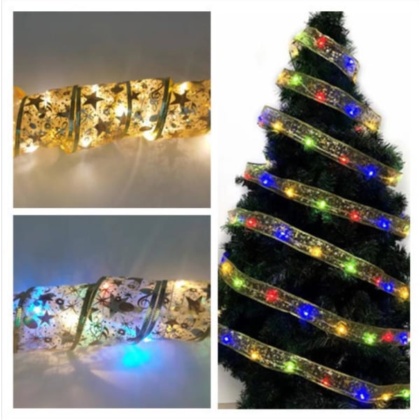 Joulukuusen koristelu: 1 LED valaiseva joulukuusen vyö - 3,8 cm - kultainen nauha (värivalo) pituus: 1 m 10 valoa