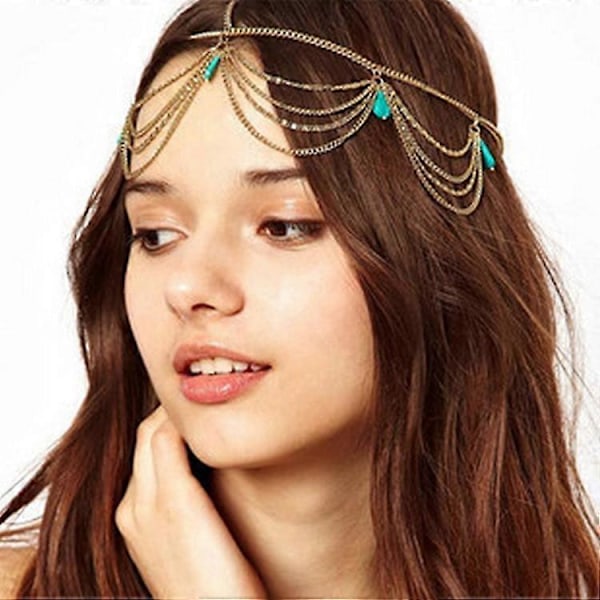 Tizzy Boho Hovedkæde Guld Tassel Lagdelt Hårkæde Hovedpynt Turkis Pande H