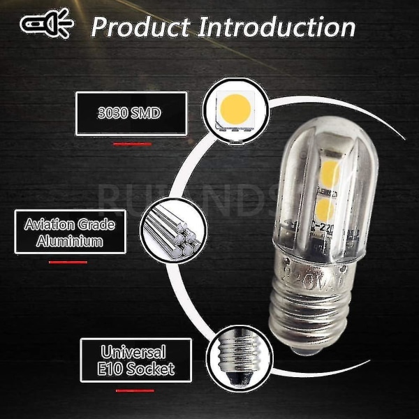 E10 Led-pære 220v 230v AC Energibesparende LED-indikatorlys 8mm skruebase 3030 4smd Led-chipsæt opgraderingspære, varm hvid (4-pak)
