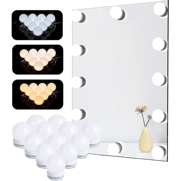 Spegelljus, 12 glödlampor Hollywood LED-ljussats Dimbar kosmetisk spegellampa för badrum 3 färger 10 ljusstyrkanivåer med adapter (spegel ej inkl.