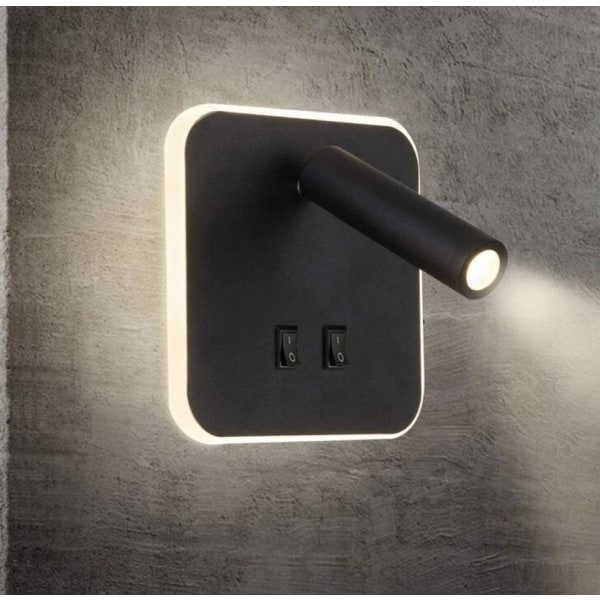 1 stk. LED-sengelampe væglampe læselampe soveværelse væglampe dobbelt kontrol firkantet roterende væglampe sort 14,5*14,5cm