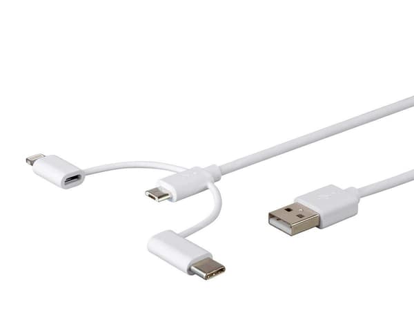 2025 Seneste Model 3-i-1 Multiport USB til USB Micro-B + USB-C + Lightning Ladekabel - 0,9 Meter, Hvid - Essential Series Hvid 1 Stk