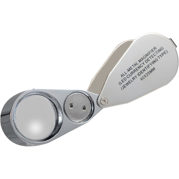 40X metallbelyst smykkesløyfeforstørrelsesglass, sammenleggbar smykkeforstørrelsesglass for øyelomme med LED (LED-myntdeteksjon / smykke-ID)