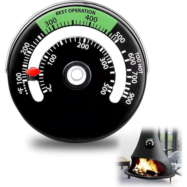 Skorsteintermometer. Magnetisk ovnstermometer. Termometer. Vedovnstermometer. For rund vedovnsrør
