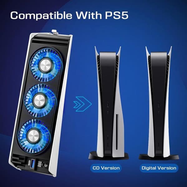 PS5 Kylfläkt - Tyst - 3 Inställningar - Extern USB