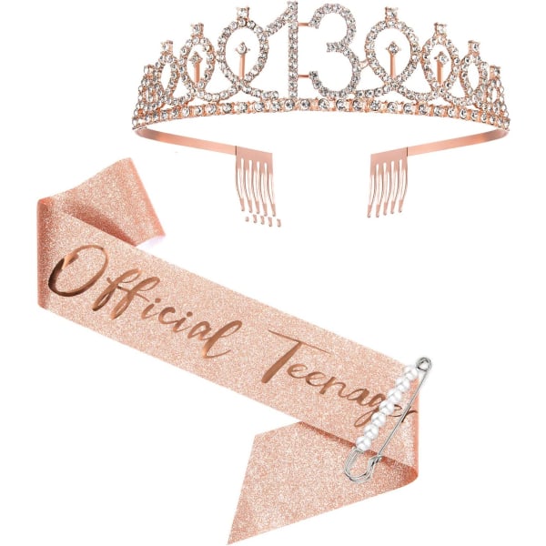 Jenter 13-års belte og krone, rosegull jomfrubelte og tiara, 13-årsgave