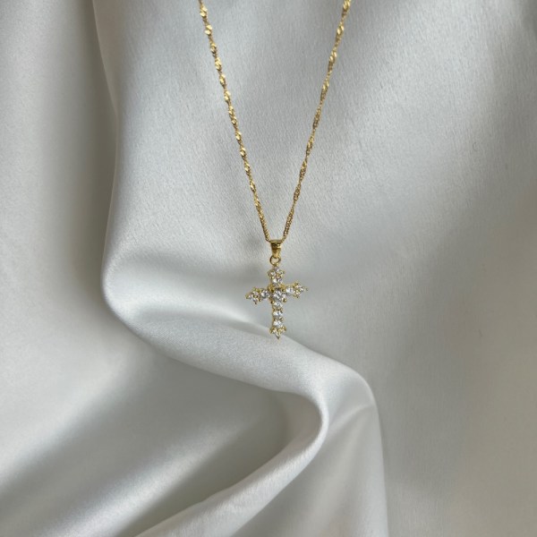 S925 sterling sølv kors religiøs europeisk og amerikansk enkel klassisk unisex 5A zirkon 18K stablet halskjede