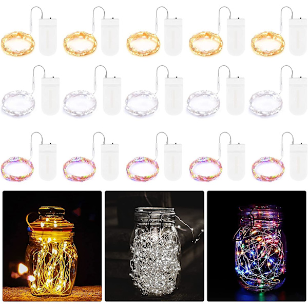 Julelys 15 pakke LED-lyskæder, batteridrevne LED-fe-lys Vandtæt sølv kobbertråd 2m 20 LED ildflue stjernelys til DIY Vi