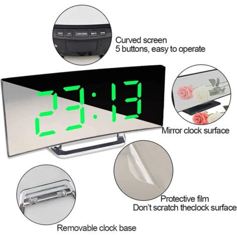 Digital väckarklocka med datumvisning, termometer, spegeldisplay