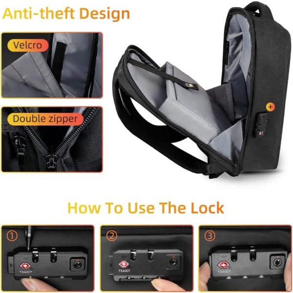 Tyverisikringsrygsæk til bærbar computer, 15,6" Business Laptop-rygsæk med USB-opladningsportlås til mænd