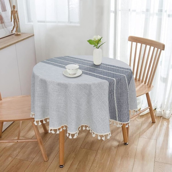 Tablecloth Tassel Cotton Linen Tablecloth (Grey Thread, 60" Round)