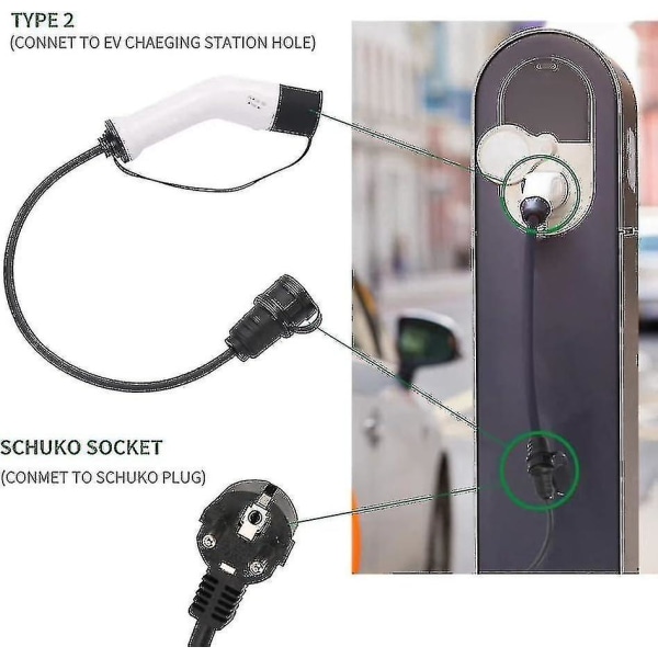 Type 2 To Schuko 16a Ev Charging Adapter - White Black