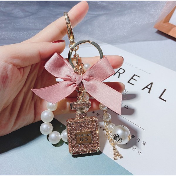 Parfymeflaske diamant nøkkelring-perlekjede personlig søt nøkkelring håndverksveske dame (rosa)