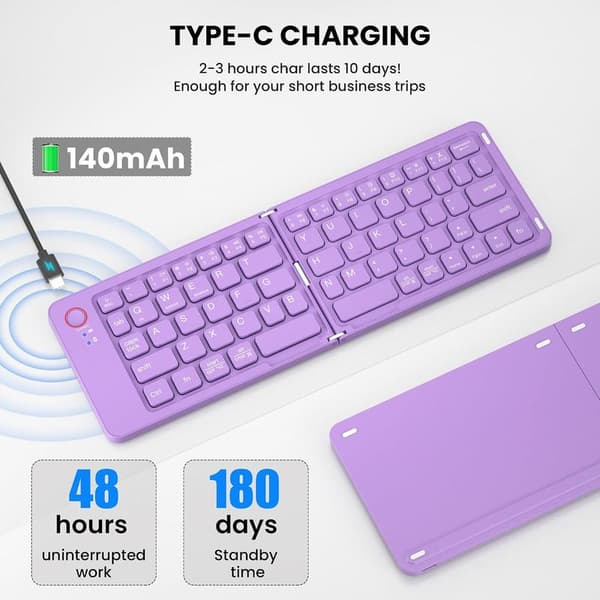 Mini sammenleggbart Bluetooth-tastatur – bærbart, Mac, iPad, Android, Windows og iOS (lilla), ultratynt aluminium, reisevennlig for iPhone
