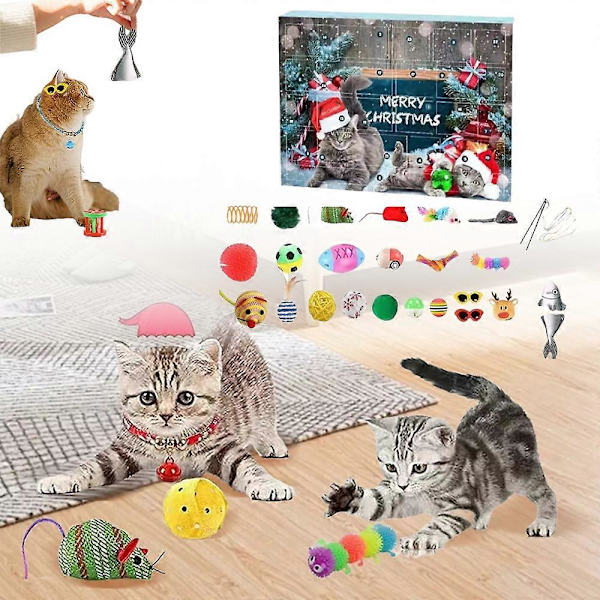 2024 Julkalender med katt-leksaker, Blind Box, 24 dagars nedräkning till jul, 24 st julklappar, kattfjäderleksak och bollklockor för kattungar