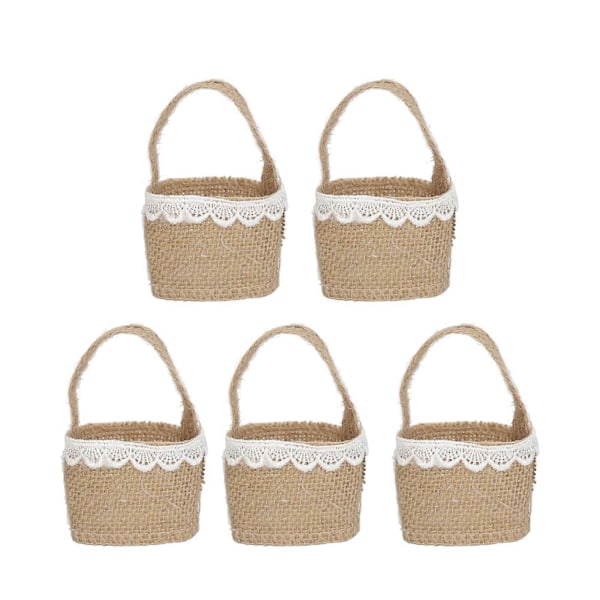 5 st Jute Bröllop Blomsterflicka Korg Vintage Rustik Blomsterkorg Handhållen Korg för Nagelteknik Smyckesförvaring