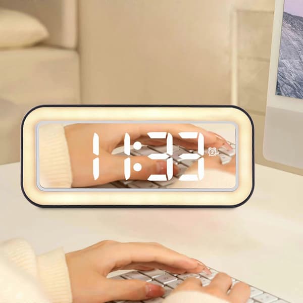 Multifunctional LED Digital Alarm Clock with Soothing Sounds Adjustable Brightness Night Modes Temperature Indicators White