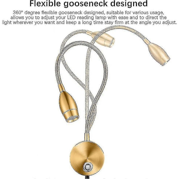 Dimmbare LED-leselamper, veggmonterte leselys for sengens hodegavl, fleksibel svanehals med berøringsdimming, plug-in med ledning, 3 fargemoduser, 2-pakning