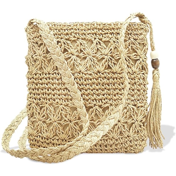 Halmväska för kvinnor, sommar vintage strand halmväska med tofs strand halm handväska crossbody för kvinnor resor semester fritid