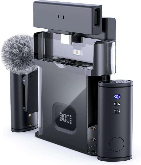 2025 Senaste Modell Trådlös Lavalier Mikrofon för iPhone/Android/iPad (2 TX + 2 RX + Laddningsfodral), Mini Mikrofon med Brusreducering, 22H B