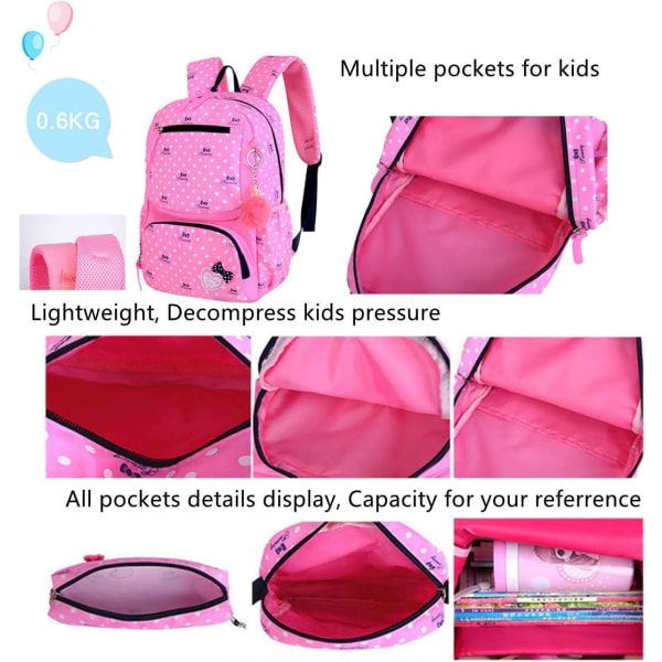 3-Pc Heart Print rygsæk sæt 3-i-1 sløjfe Lille skoletaske rejserygsæk (lilla)