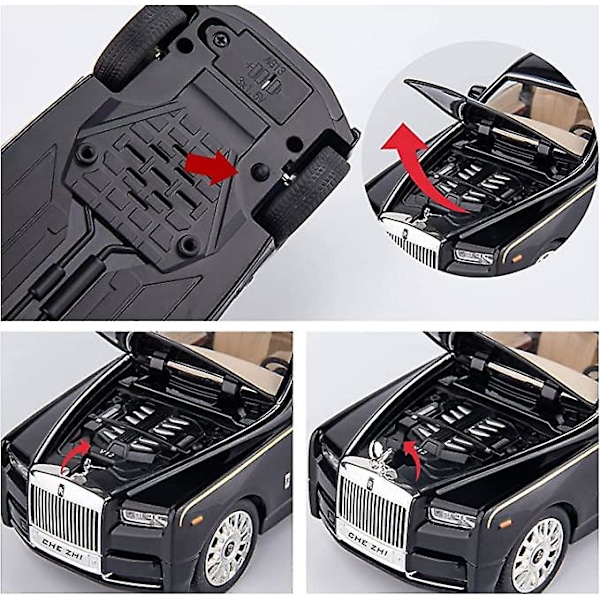 1/24 Rolls-Royce Phantom Modellbil, Zinklegering Dragbil Leksaksdiecastbilar Med Ljud Och Ljus För Barn Pojke Flicka Present (Svart)