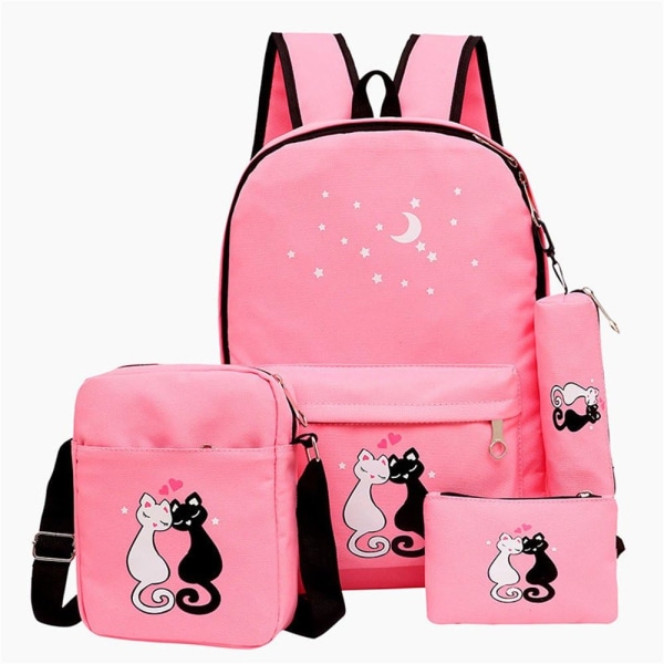 Söta tecknade katttryck 4 st Ryggsäcksset Pretty Elementary Students Daypack Kids Rugsäck (rosa)