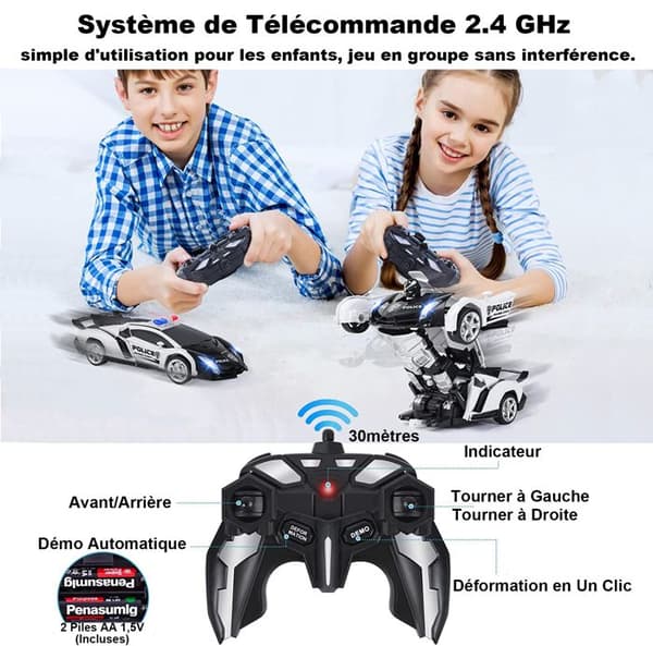 Fjernstyret RC Transformer Bil med Lys - 2.4GHz - 360° - Sort
