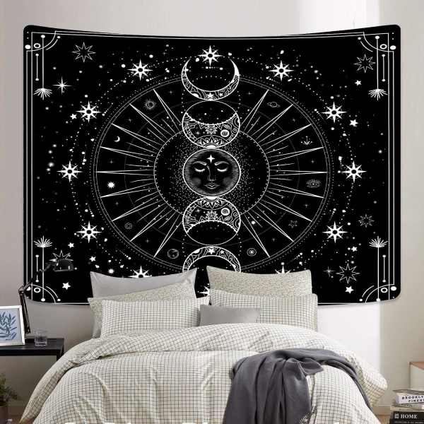 Sol og måne vegghengende stjernehimmel psykedelisk svart og hvit hjemmeteppe (59 tommer x 51 tommer)