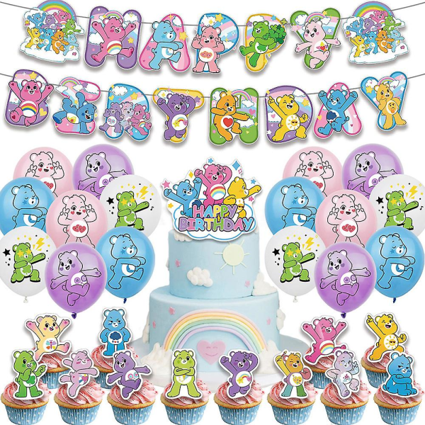 Carebears Fødselsdagsfestpynt Søde tegneserie-festartikler Inkluderer tillykke med fødselsdagen Bannerballoner Kage- og cupcaketoppers