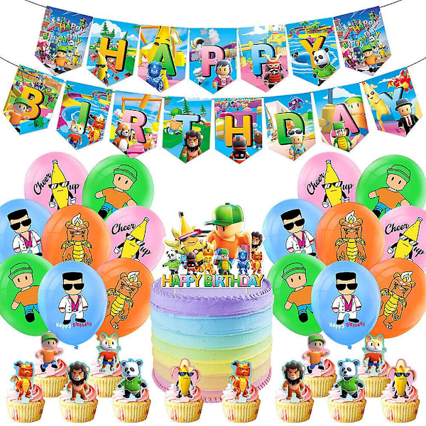 Stumble Guys Tema Födelsedagsfest Tillbehör Ballonger Cupcake Cake Toppers Banner Dekorationer Set