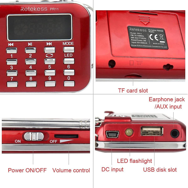 Pr11 bærbar radio, oppladbar, liten radio Fm Am, med nødlykt, støtte for automatisk lagring, Usb/tf/aux/mp3, for bad, kjøkken