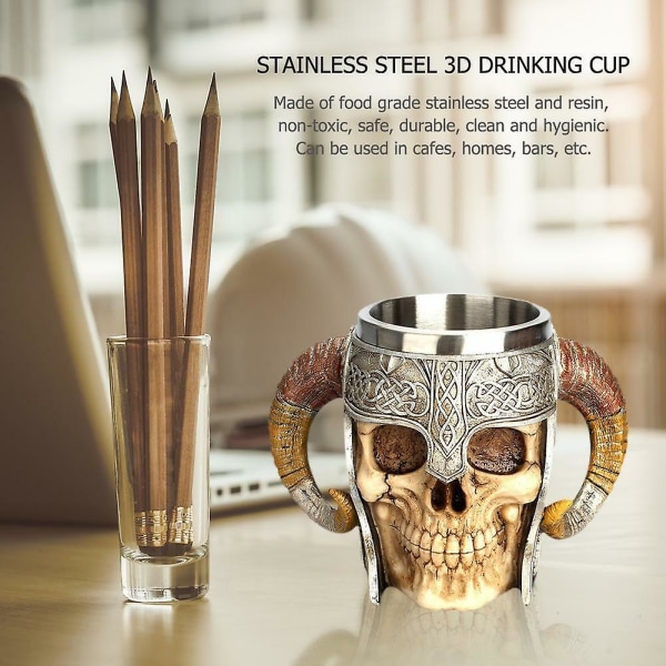 3d Rostfritt stål Skull Cup Viking Ram Horn Warrior Skull Beer Kaffemugg 600ml