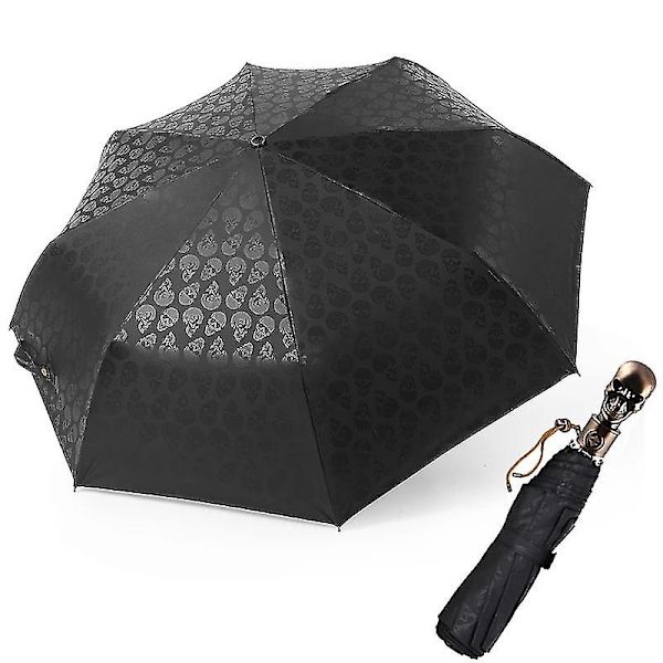 Retro Skull Paraply Anti-UV Solbeskyttelse Automatisk Folding Bumbershoot(Svart)