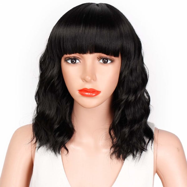 Bob Curly Wig Syntetisk kort svart peruk med lugg Naturligt utseende Värmebeständigt fiberhår för kvinnor