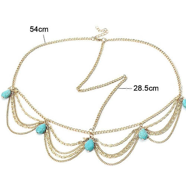 Tizzy Boho Hovedkæde Guld Tassel Lagdelt Hårkæde Hovedpynt Turkis Pande H
