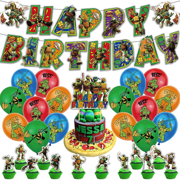 Teenage Mutant Ninja Turtles Tema Födelsedagsfest Dekorationer Tillbehör Kit Banner Ballonger Cake Toppers Set