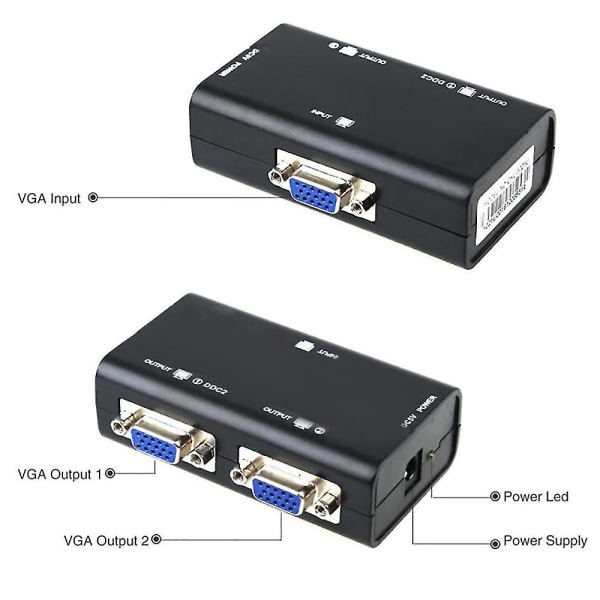 2-ports VGA SVGA-splitteradapterbox 1 PC till 2 bildskärmar video LCD-skärm