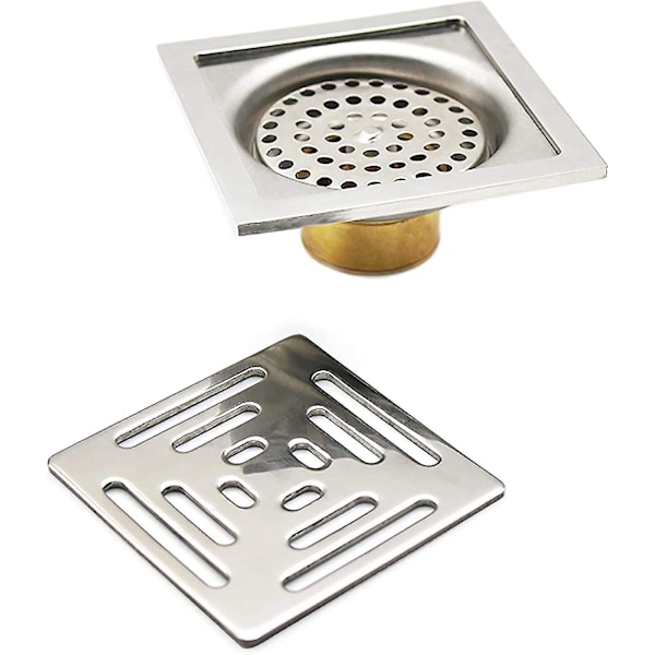 Square Smell Proof Shower Drain, Stainless Steel Floor Drain with Strainer Mesh for Bathroom Garden (100mm x 100mm)