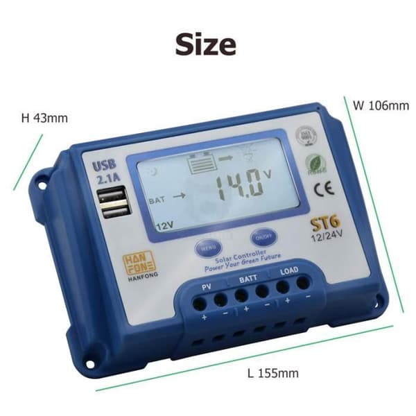 20A Solladdningsregulator - 12V/24V - LCD-skärm - Dubbla USB-portar
