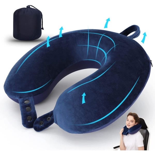 Rese-nackkudde, bästa Memory Foam Flygplanskudde för huvudstöd Mjuk justerbar kudde för flygplan, bil och vilstol (mörkblå)