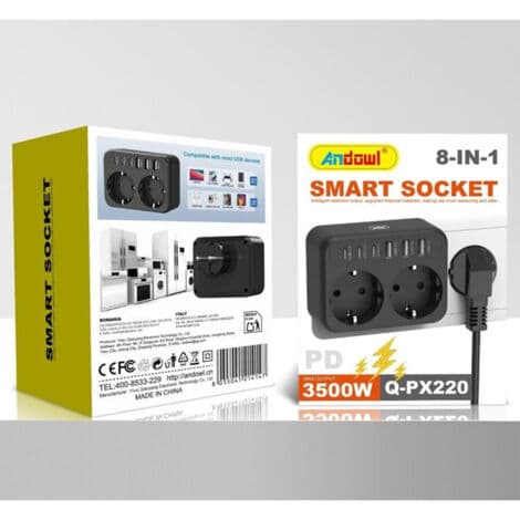 Smartplugg Strømadapter 3500w 8i1 2 Uttak 3 USB 3 USB-C Q-px220