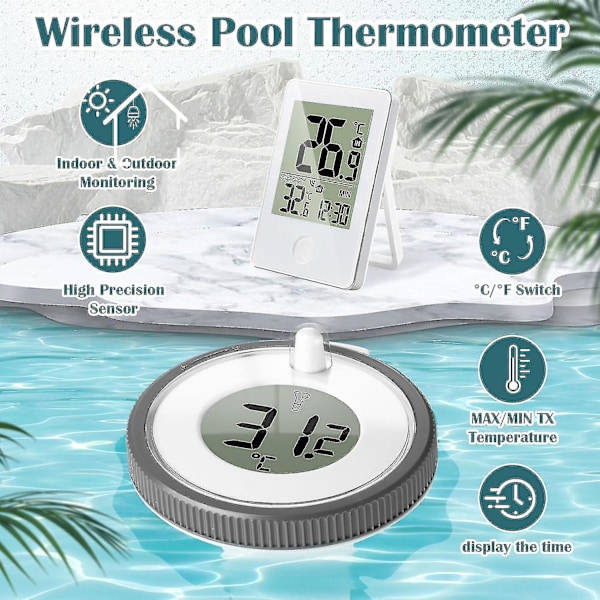 Trådlös pooltermometer flytande lättläst, digital pooltermometer med Ipx7 vattentät, pooltermometer med utomhus/inomhus temperaturmonitor