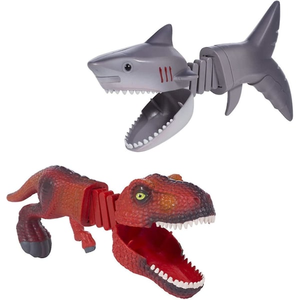 Crazy Hungry Dinosaur Shark Grabber Sæt med 2 Chomper med 12 små fyre figurer Dukke T-rex Claw Game Sjovt legetøj til børn i alderen 3+ (rød Dino+haj)